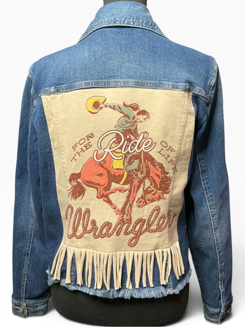 Western Horse Cowgirl Theme Upcycled Denim Jacket Graphic Shirt Rodeo Fringe